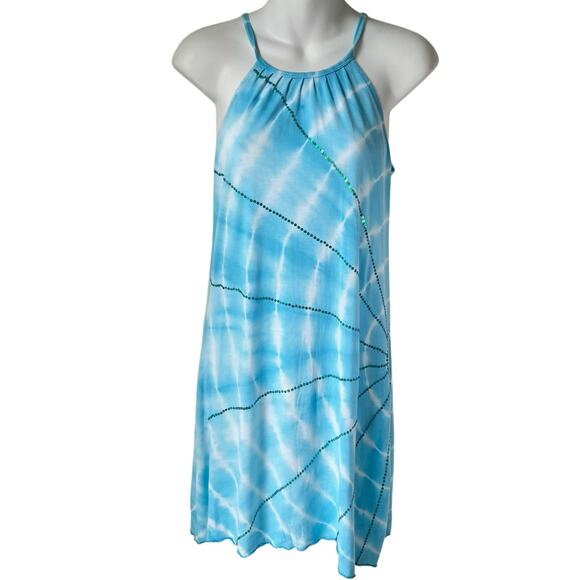 Tie Dye Summer Dress Womens S Teal White Sequins Tie Back Boho Colorful Festival - Picture 2 of 14